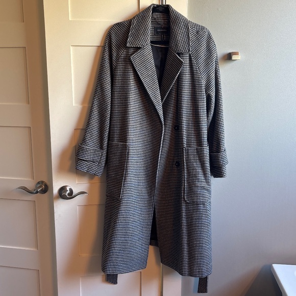 BCBG Max Azria large houndstooth plaid wrap, winter coat, brown black blue - Picture 1 of 10